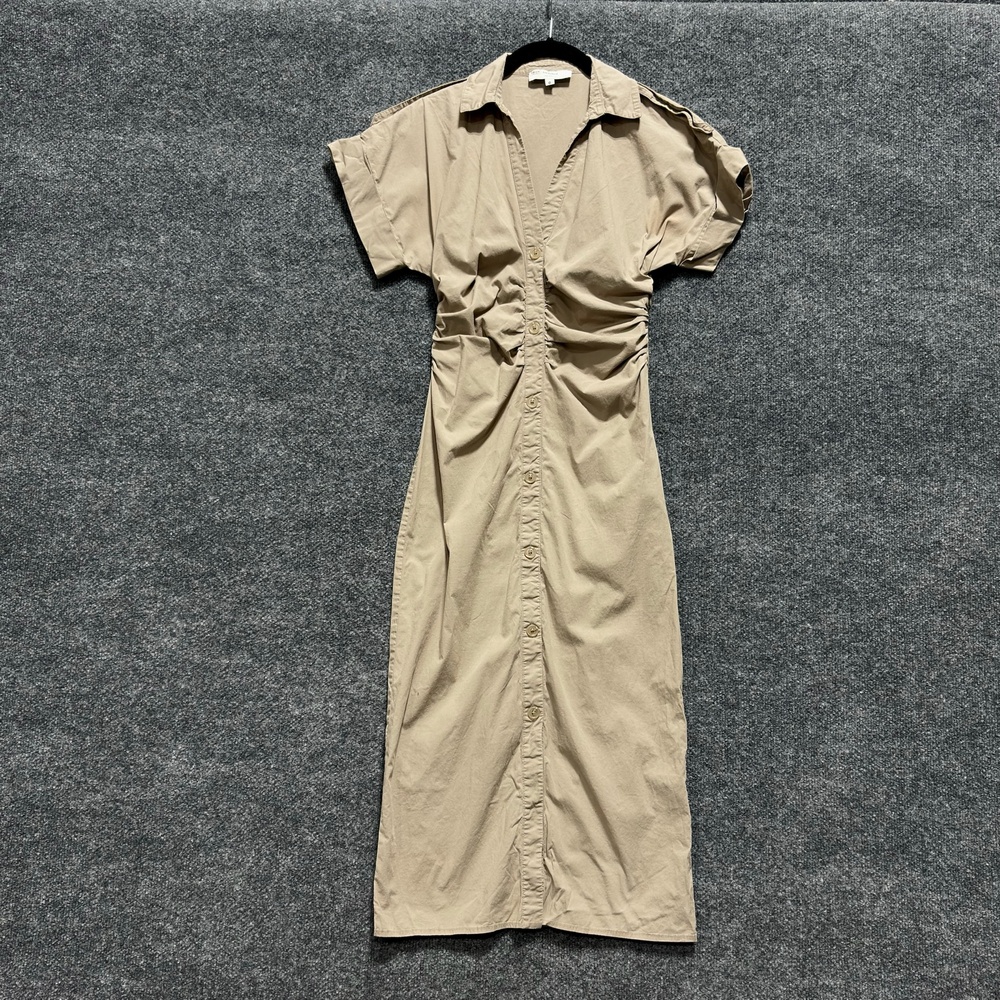 Saunders Dress Womens 0 Beige Ruched Short Sleeve Button Front Shirt Maxi